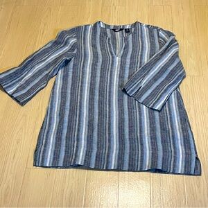Lands’ End Stripe Blue ,Gray ,White Tunic 3/4 Sleeve, Size M 10-12, 100% Linen